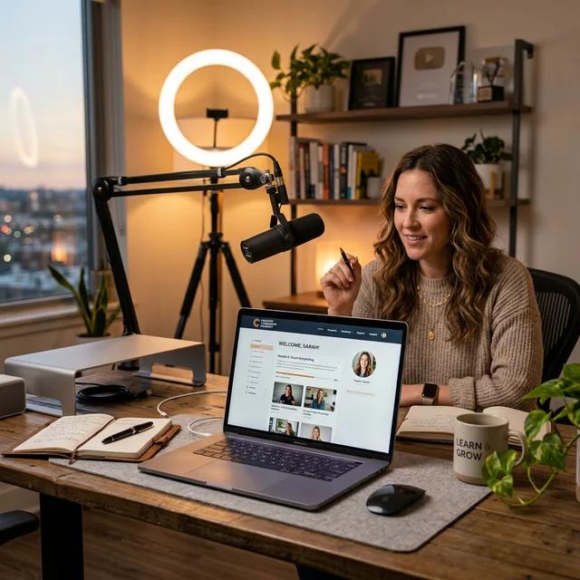 Oktató a saját online tanfolyamán dolgozik